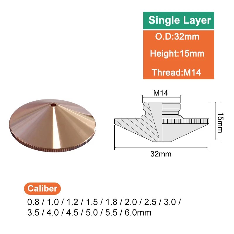 섬유 레이저 커팅 헤드 직경 32mm 플러스 CNC 용접기 노즐 단일 및 이중 레이어 직경 0.8-6.0 스레드 14mm